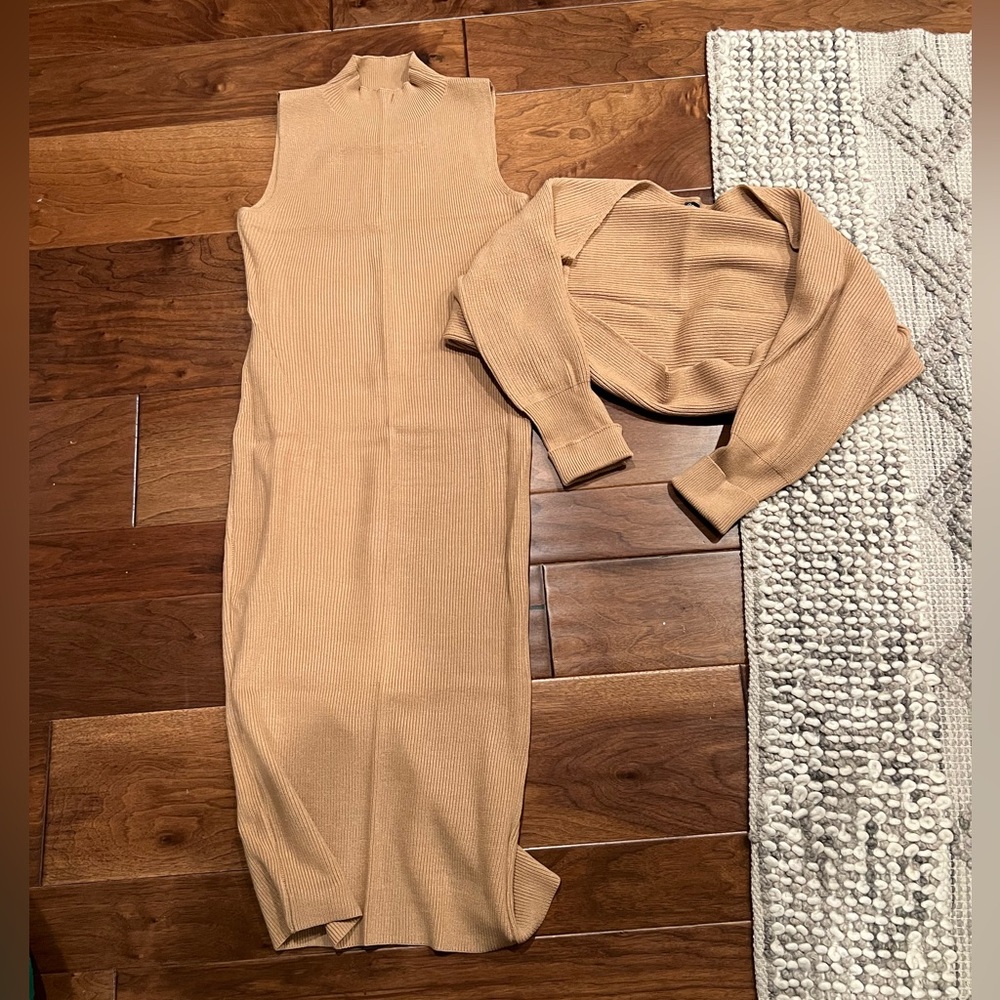 pretty garden camel knit sleeveless dress w/ bolero - xl